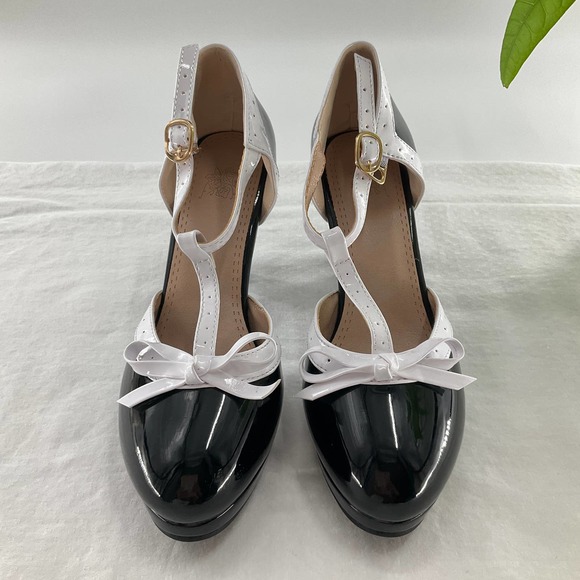 ForeMode Women T-Strap High Heels Bow Platform Round Toe Pumps, 7.5 US, Black - Picture 2 of 8